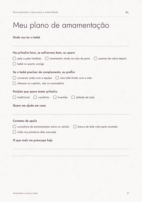 Página do plano de amamentação para preencher